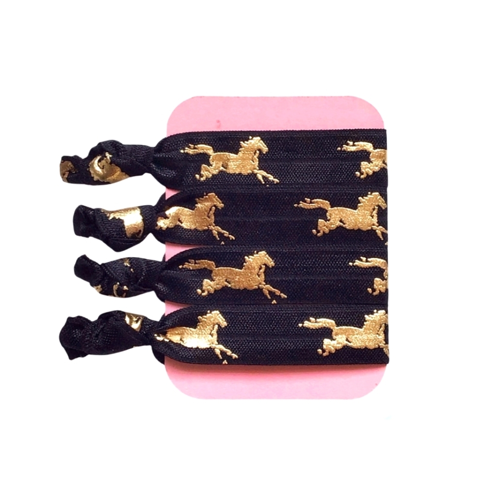 Horse Theme 4-Pack Hair Ties Black & Gold Handmade No Crease FOE Elastic